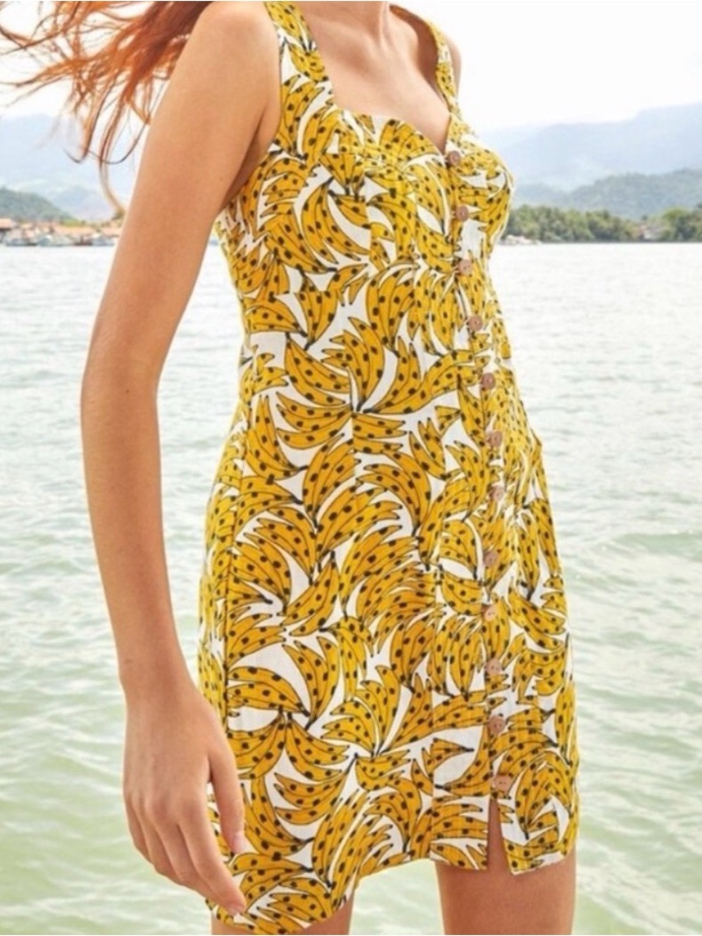 Farm Rio 100% linen White Yellow Black Spotted Bananas cross cross mini Dress S